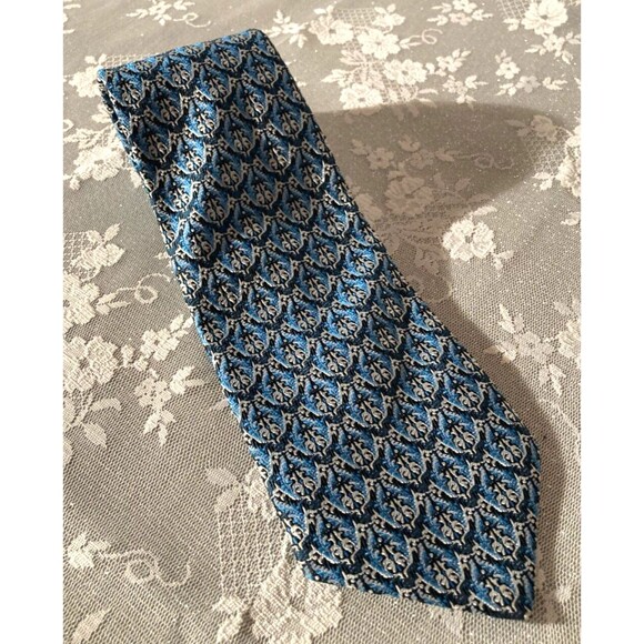 Vintage 70s Wide Necktie 1970s Groovy Blue Funky Victorian Print Fat Tie - Picture 1 of 6